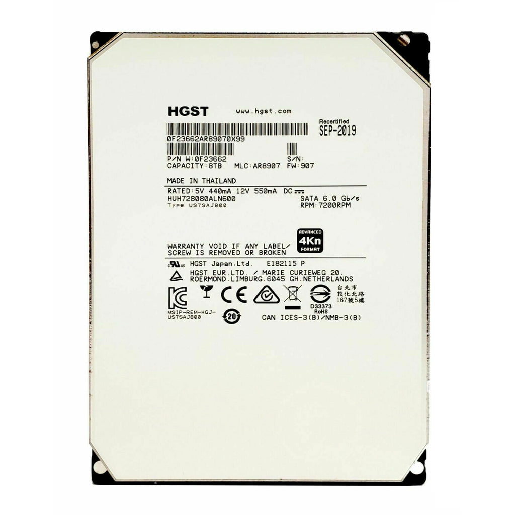 HGST Ultrastar He8 8TB 7200 RPM 3.5" Internal Hard Drive - SATA 6.0Gb/s 128MB Cache - (0F23662) Manufacturer Recertified with Zero Hours Usage