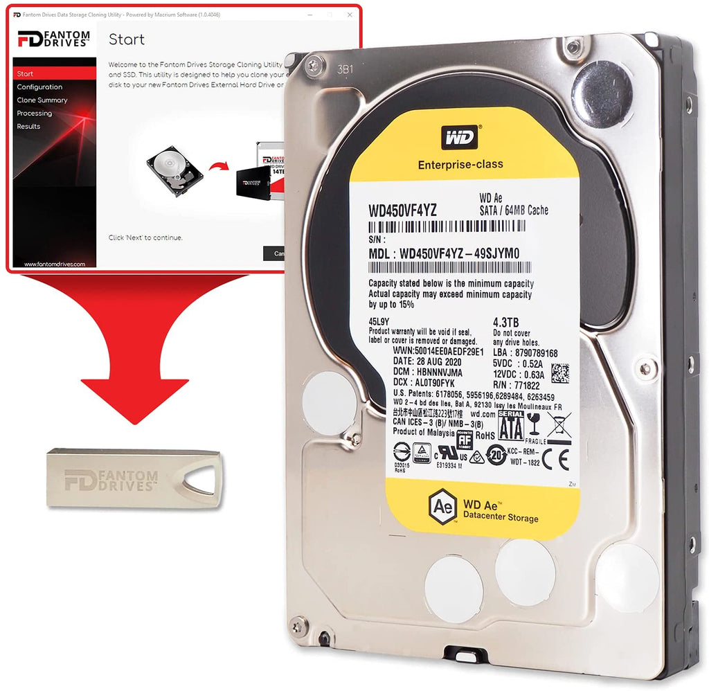 Fantom Drives WD 4.3TB 7200RPM Enterprise Hard Drive Upgrade Kit, 3.5", SATA 6.0 Gb/s, 64MB Cache with FD Cloning Utility in USB Flash Drive (HDD4000PC-KIT)
