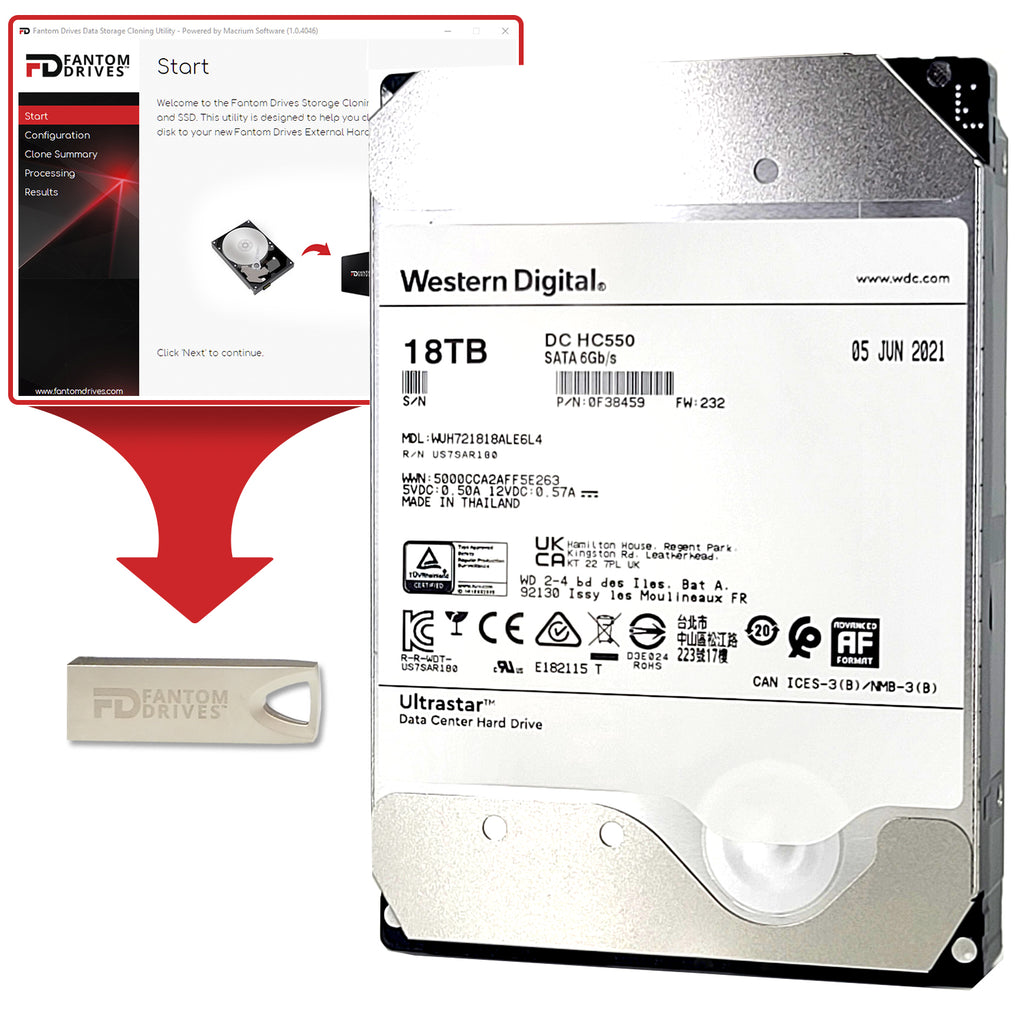 WD UltraStar 18TB Hard Drive Upgrade Kit - 0F38459 - With Fantom Drives Cloning Software in Flash Drive