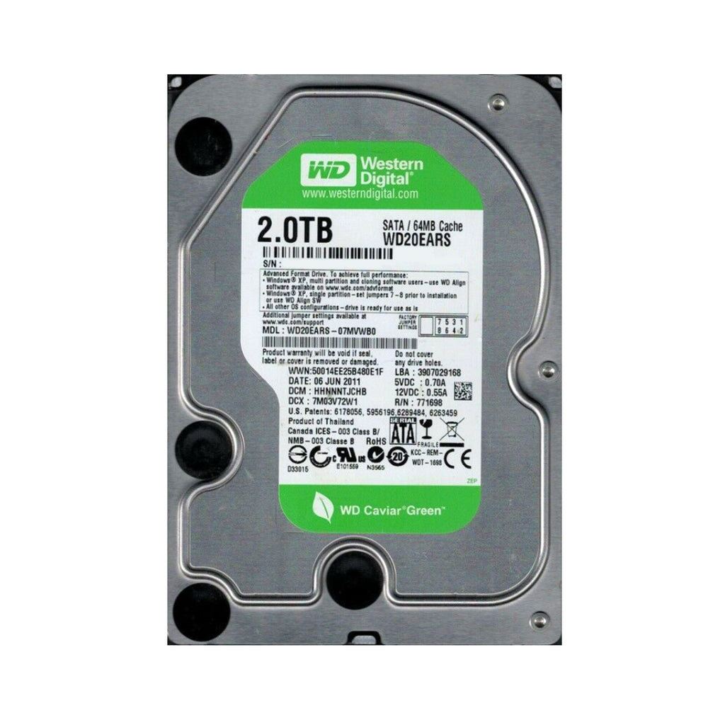 Western Digital Caviar Green 2TB 5400 RPM 3.5" Internal Hard Drive -  SATA 3.0 Gb/s  64MB Cache - (WD20EARS) New